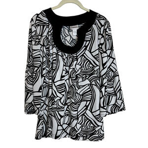 Chicos Womens Knit Top Large Black White Retro Mod Print Scoop Neck 3/4 Sleeves